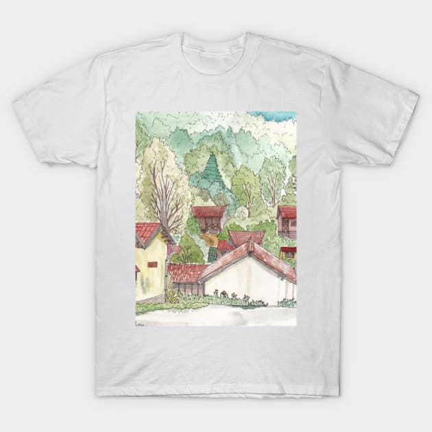 Wooden Houses In A Forest Vietnam Landscape Art T-Shirt by Wall-Art-Sketch